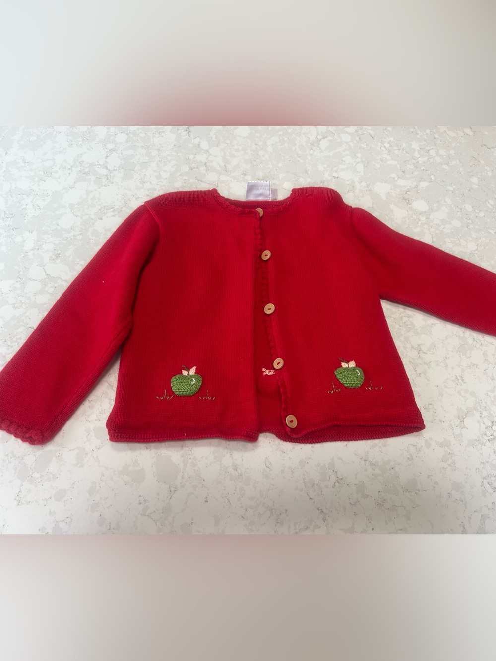 Little English Red Knit Cardigan with Green Apple Motifs